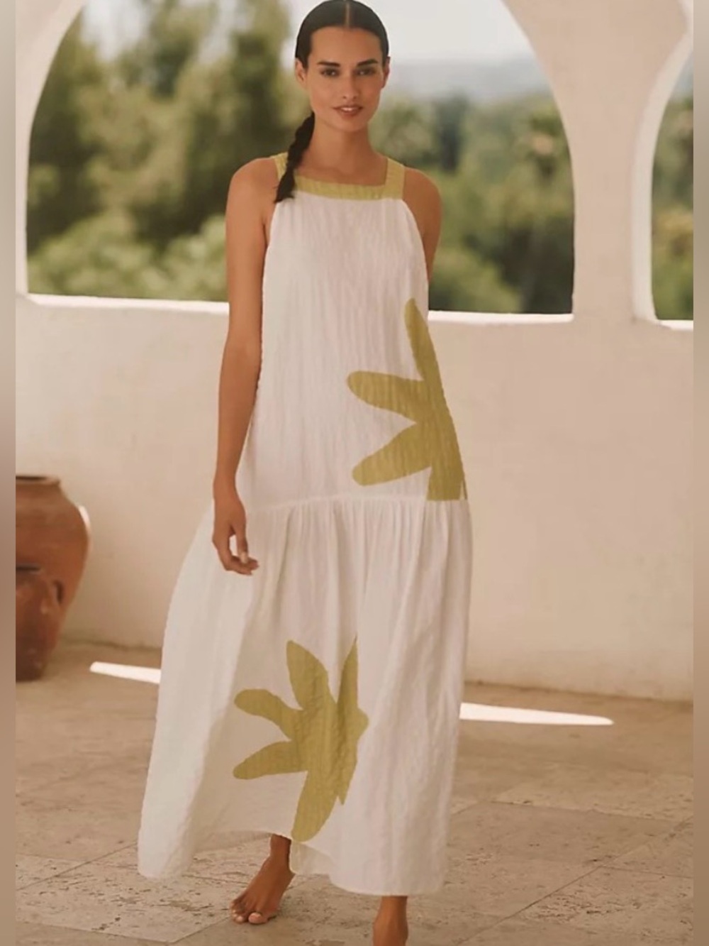 Sleeveless Square-Neck Drop-Waist Apron Maxi Dress